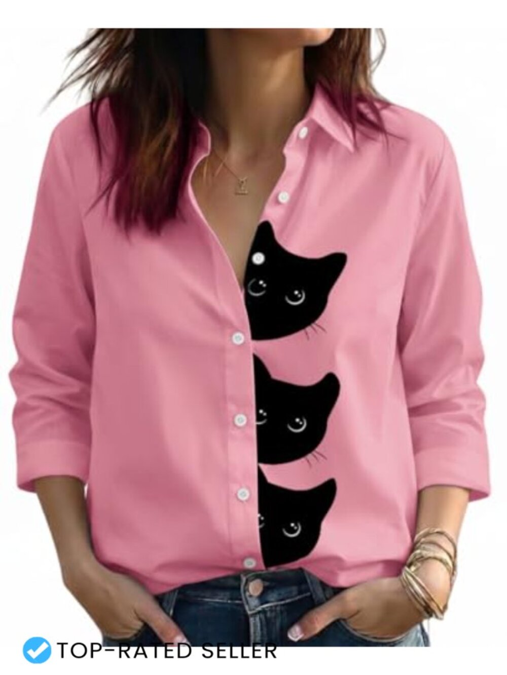Women's Halloween Button Down Shirt, Pumpkin Witch Cat Print Long Sleeve Top